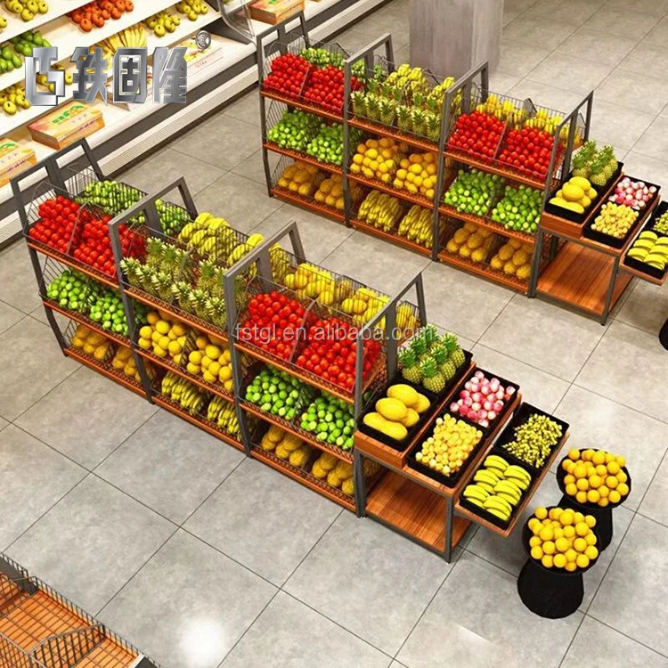 Various Shaped Plastic Metal Supermarket Fruit Shelf Display Used In