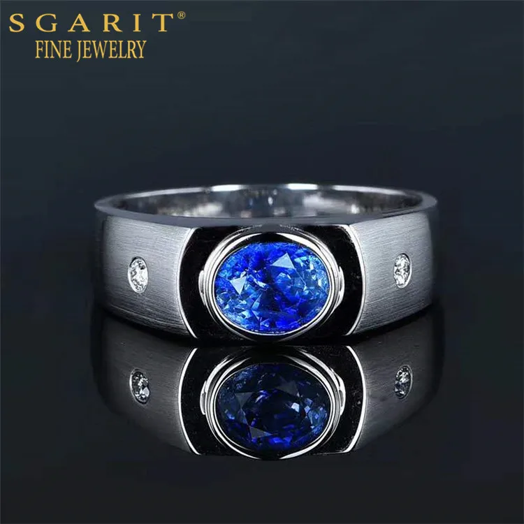 

SGARIT luxury minimalist wedding jewelry wholesale 1.65ct natural blue sapphire stone ring 18k gold men ring