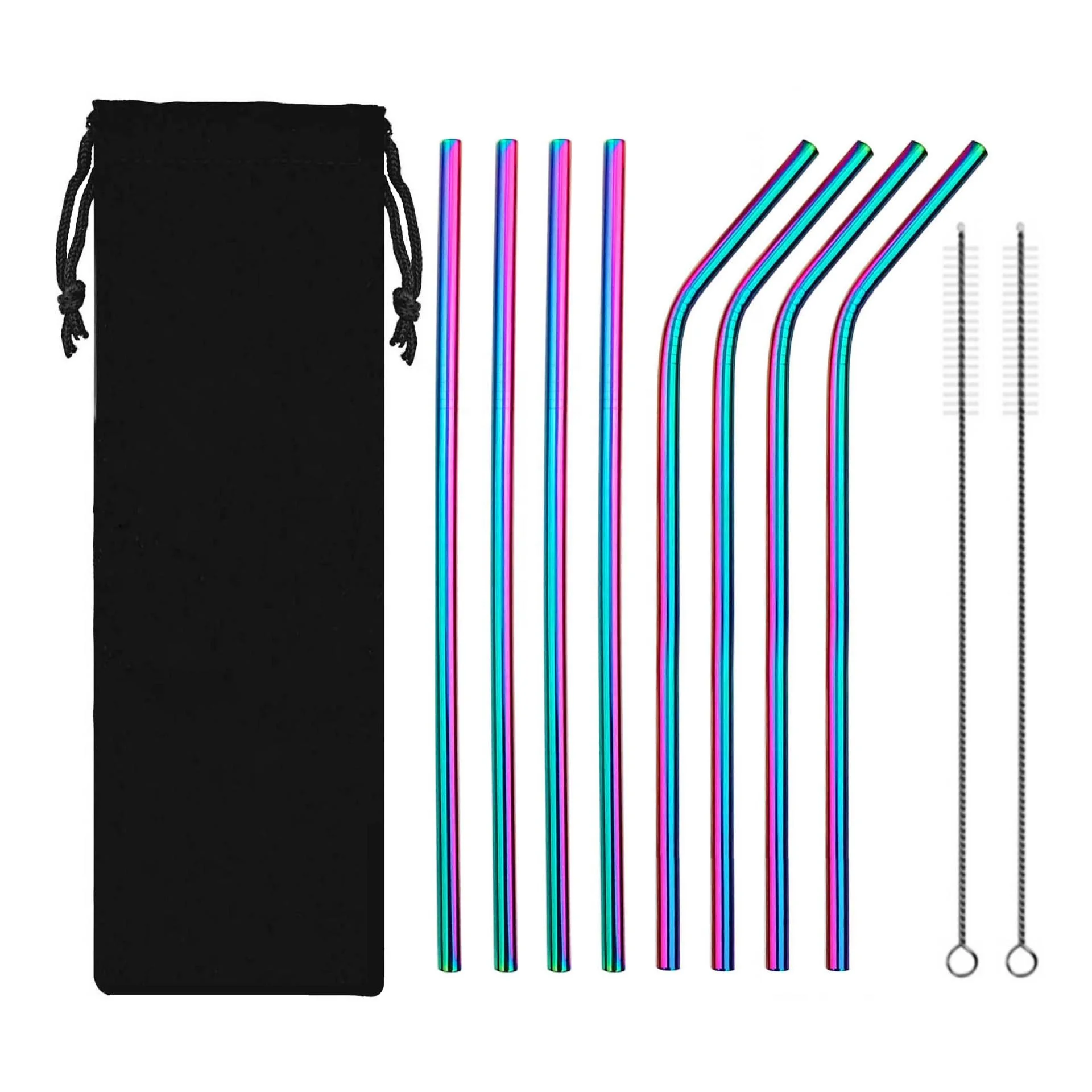 

Hot Sale Custom Logo Metal 12mm Straw Set 8 Reusable Stainless Steel Metal Straws 4 Straight 4 Bent 2 Brushes 1 Pouch, Silver