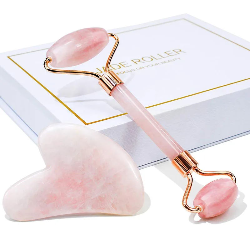 

Natural Germanium Contour Facial Roller Massager Jade Roller Gua Sha Set, Pink/white