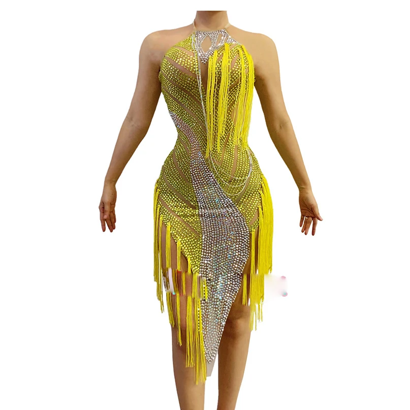 

Latin Dance Dress sleeveless tassel cha cha modern dance bar nightclub birthday costume yellow party dresses
