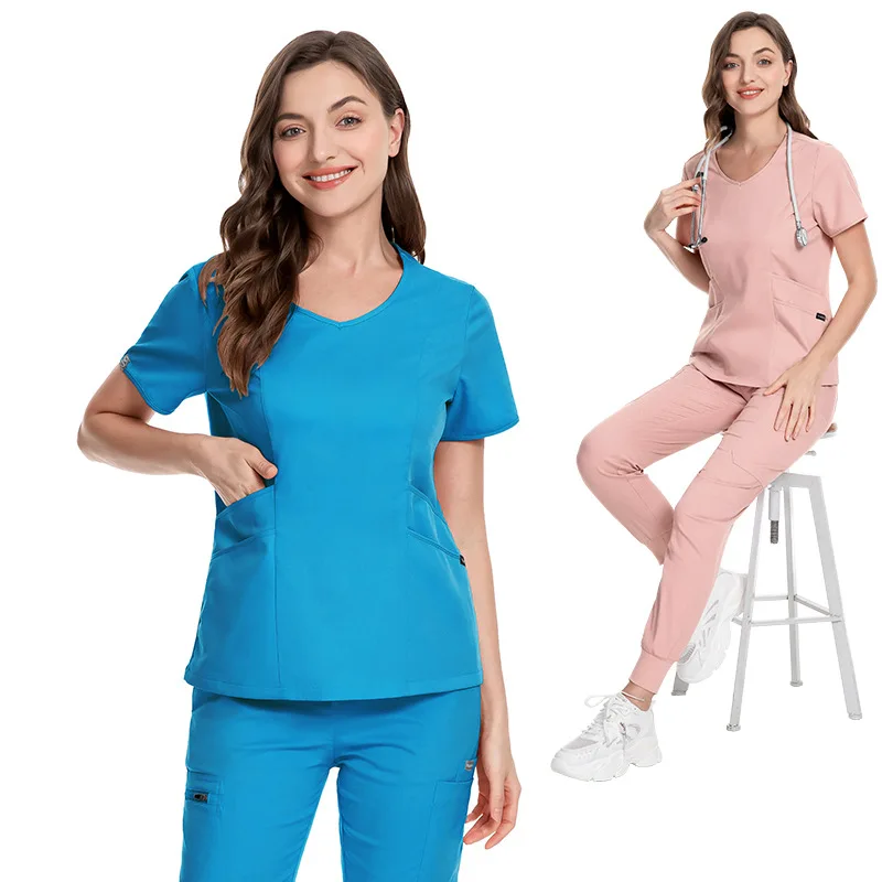 

High quality elastic custom logo v neck hospital uniforms scrubs for women medical lab coats nurse uniform suits