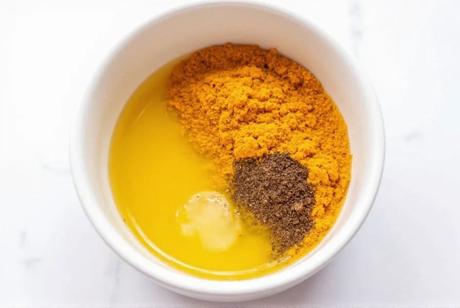 Turmeric powder mixed with black pepper and coconut oil in a small bowl