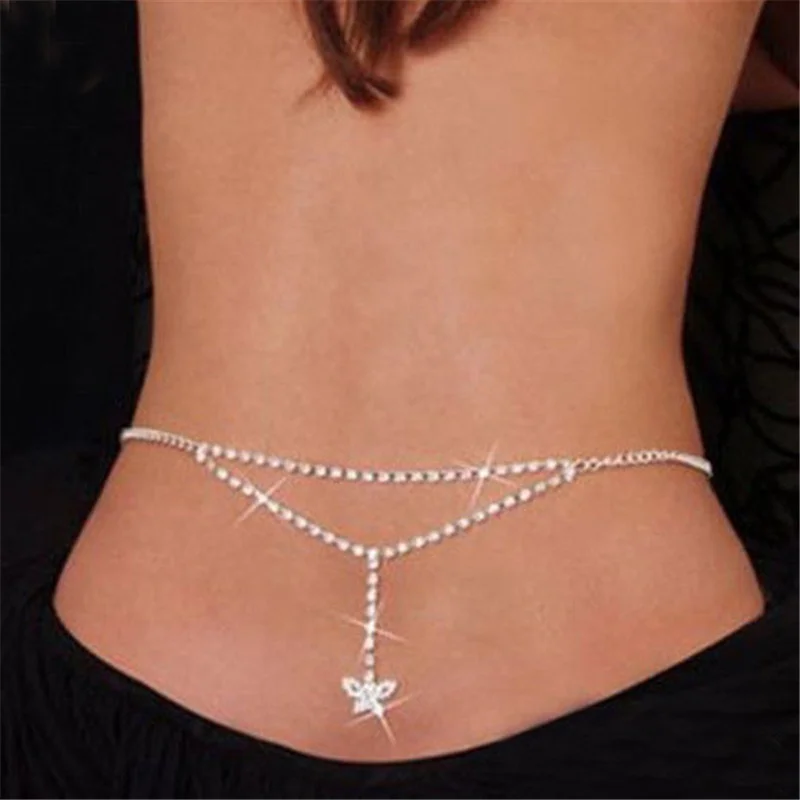 

Fashion Belly Ring Body Chain Jewelry Clothing Accessories Sexy Heart Butterfly Rhinestone Waist Chain, Silver