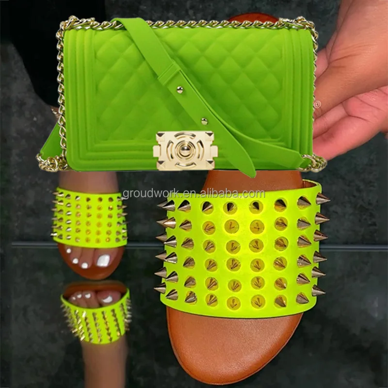 

Purse and slipper set new arrival rivet slides matching handbags women fashion crossbody jelly purse and sandals set, Colors