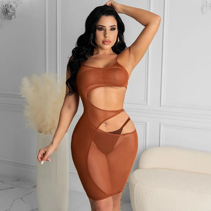 

Women's 2021 spring and summer new solid color sleeveless hollow irregular mesh transparent dress