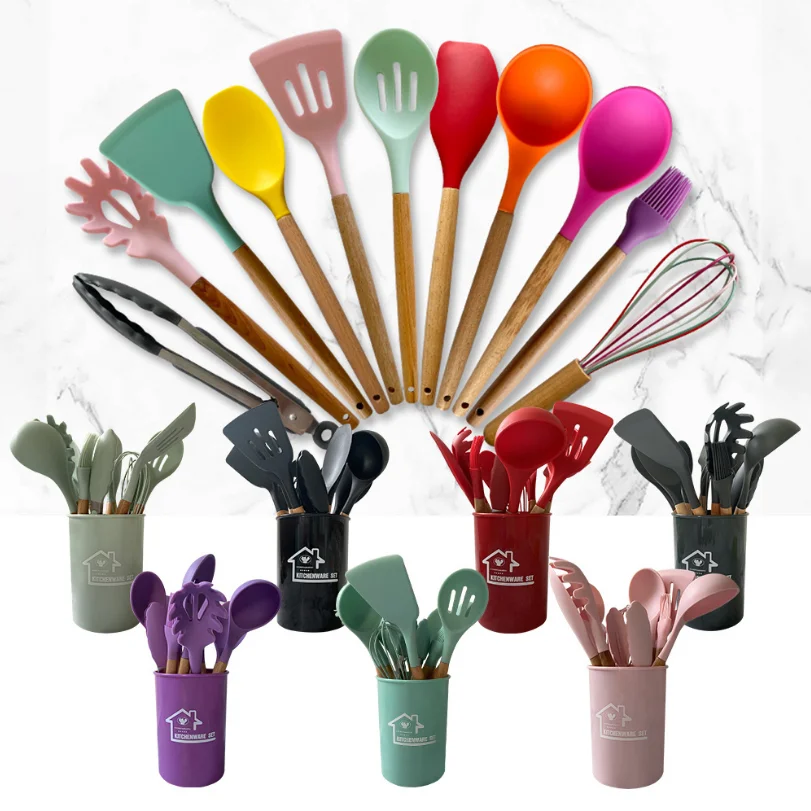 

12 Pcs Silicone Kitchen Utensils Set With Wooden Handles Non-stick Cooking Kitchenware Tools Set Shovel With Storage Box, Light green,dark green,purple,pink,red,black,gray,colorful