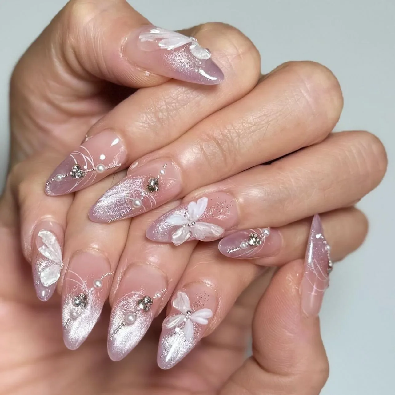 Dropshipping Customize 24 Pcs 3621 French Purple Cat Eye Gradient Sparkle Diamonds Press on Nails Artificial Fingernails