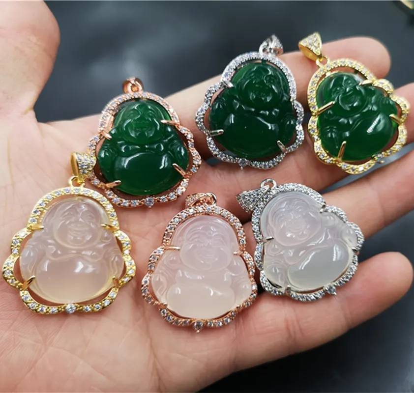 

Luck Wealthy Jewelry Faith Green Agate Buddha Pendant S925 Sterling Silver Maitreya Buddha Pendant Necklace For Men Women