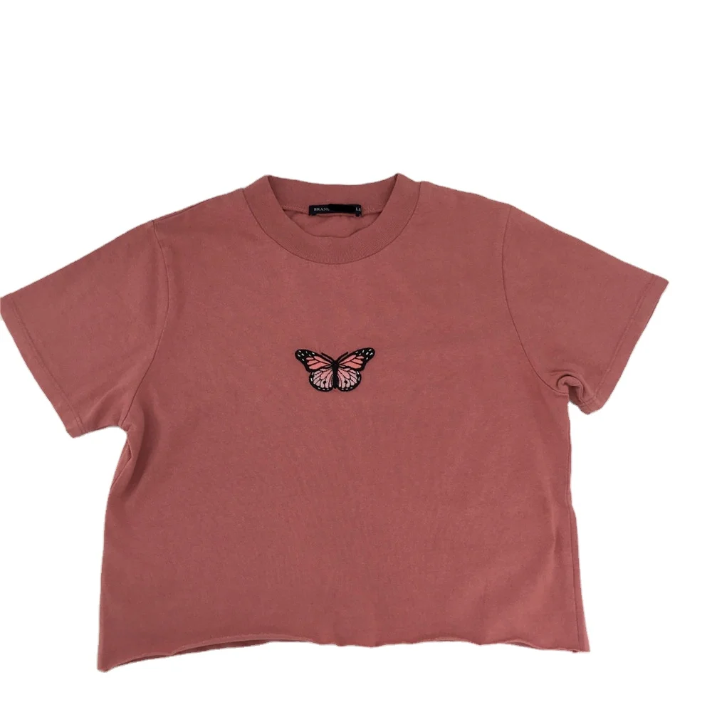 

Wholesale Cute Embroidery Butterfly Short Sleeve Tops Woman's Pink T Shirts Ladies Ribbed Butterfly Crop Top T Shirt