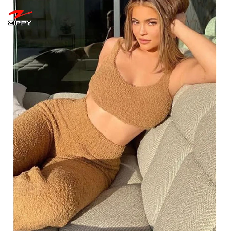 

2021new 2 piece casual sexy 2 piece ladies sweater knit suit vest and trousers casual homewear knit lounge wear women, Customized color
