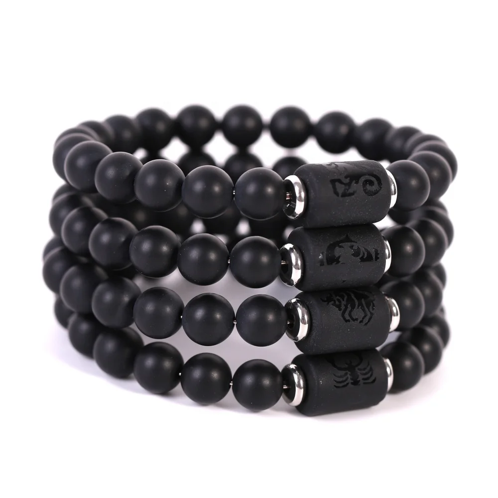 

Men Fashion Jewelry 12 Zodiac Signs Matte Black Agate Beaded Bracelets