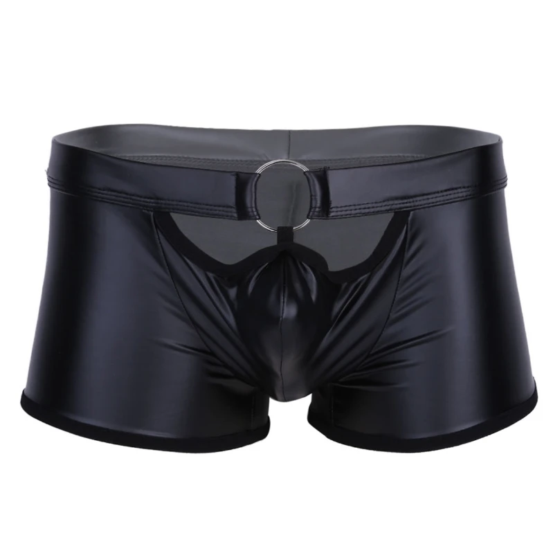 

iEFiEL Factory Wholesale Men Faux Leather Boxer Briefs Zip Tight Shorts Underwear Seamless Underpants with O-Ring