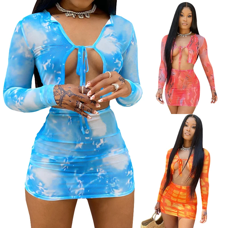 

long sleeve sexy two piece skirt set bandage crop top and skirt two piece set