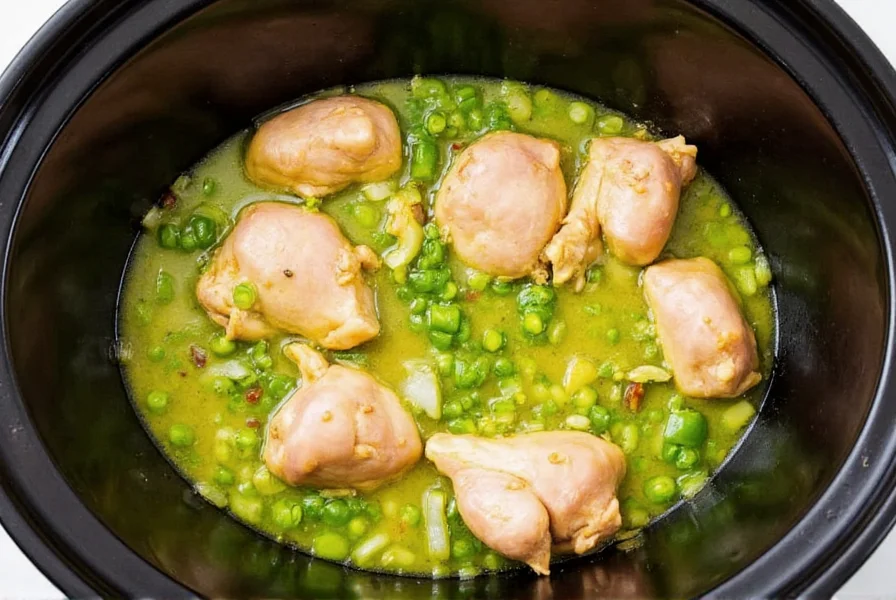 Slow cooker filled with chicken pieces simmering in vibrant green chili sauce with onions and garlic