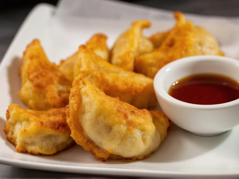 Golden crispy pan-fried dumplings with dipping sauce