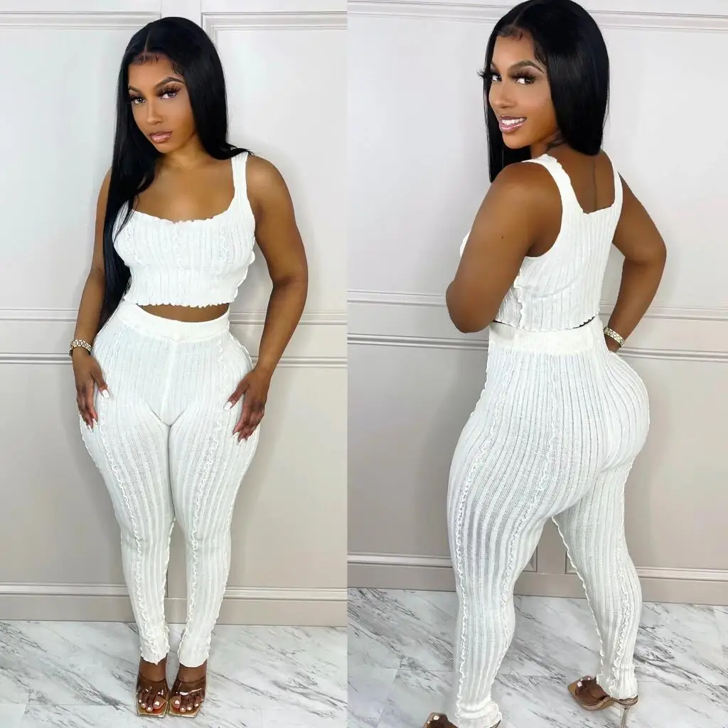 

Top and Bottom Set for Women Tank Top 2 Two Piece Pants Set Summer Ladies Fashionable Crop Top 2 Piece Pants Rib Knit Set