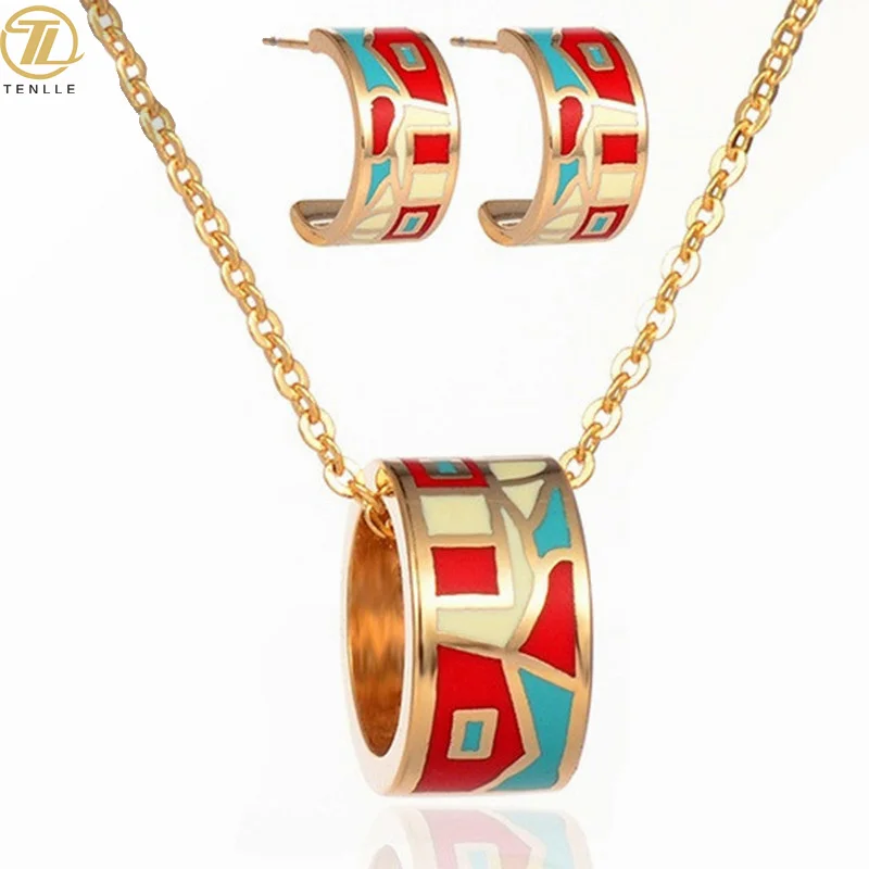 

Handmade Enamel Jewelry Set with multi color Pendant Necklace trendy