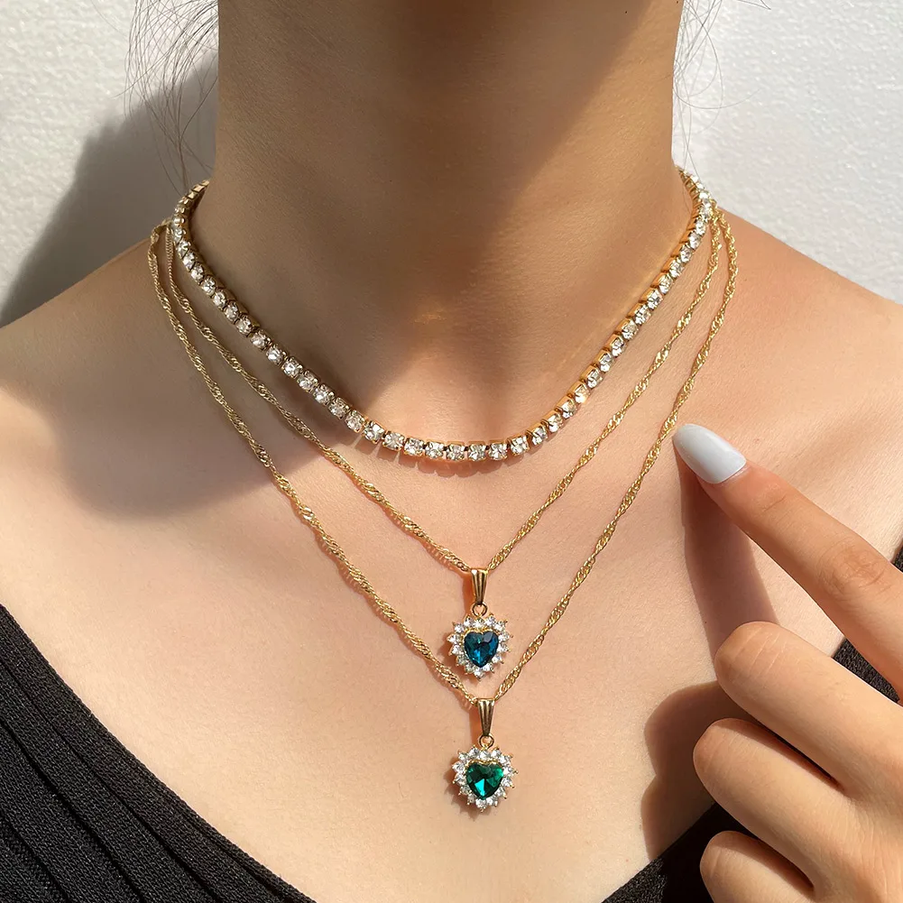 

Fashion Multilayer Crystal Tennis Chain Necklace Shining Dazzling Rhinestone Heart Necklace For Women Girls Gold Plated Jewelry, Gold color