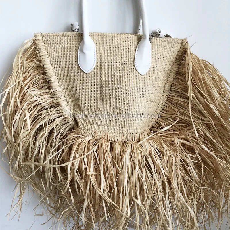 Natural Fringe Tassel Raffia Straw Beach Tote Bag With Lining Fabric ...