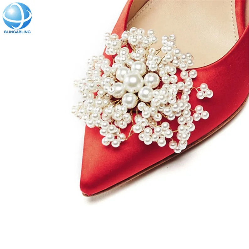 

gold bow pearl wedding shoe clips for bridal accessories