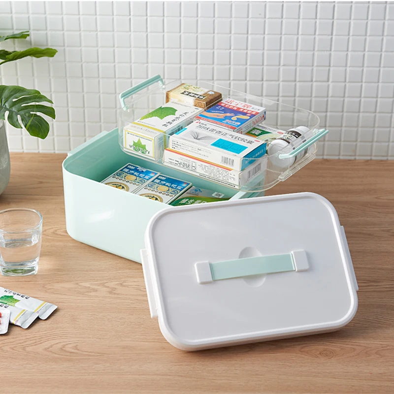 

Family First Aid Medical Kit Container 2 Layers Multipurpose Plastic Portable Emergency Medical Storage Box with Compartments, Blue, white,pink.green