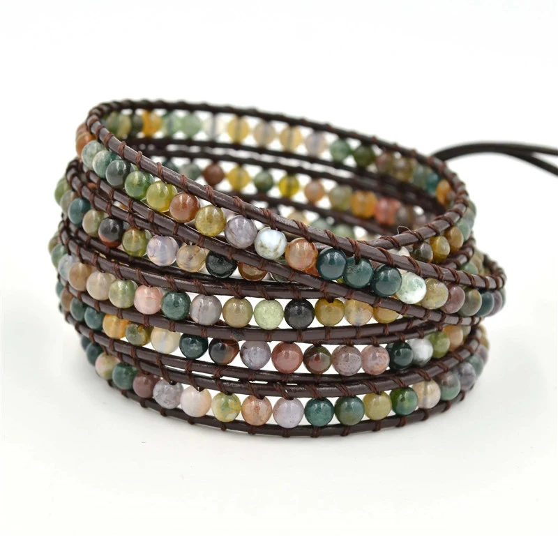 

XuQian Brown Leather Bracelet Handmade 5 Strands 4mm Natural Stones Wrap Bracelets, Customized color