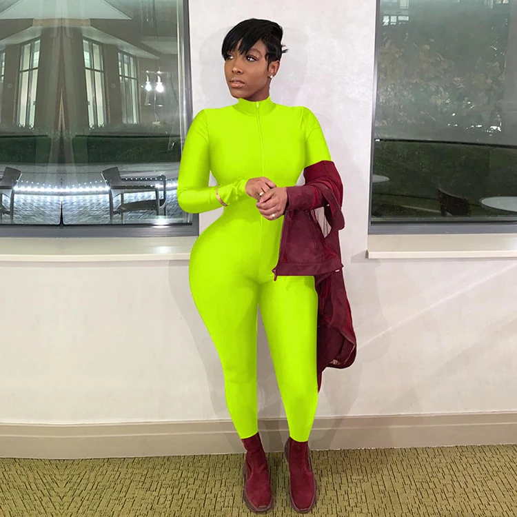 Neon Long Sleeve Zipper Up Stand Collar Skinny Workout Jumpsuit