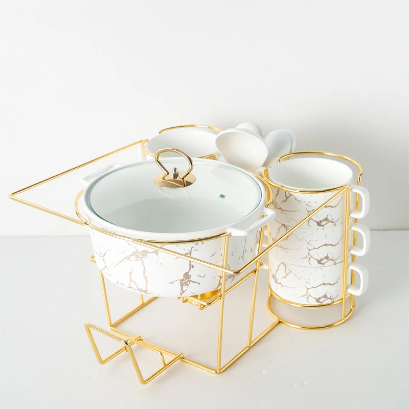 

Nordic ceramic soup pot with two ears soup bowl set Dining room household utensils candle heat insulation iron rack soup bowl