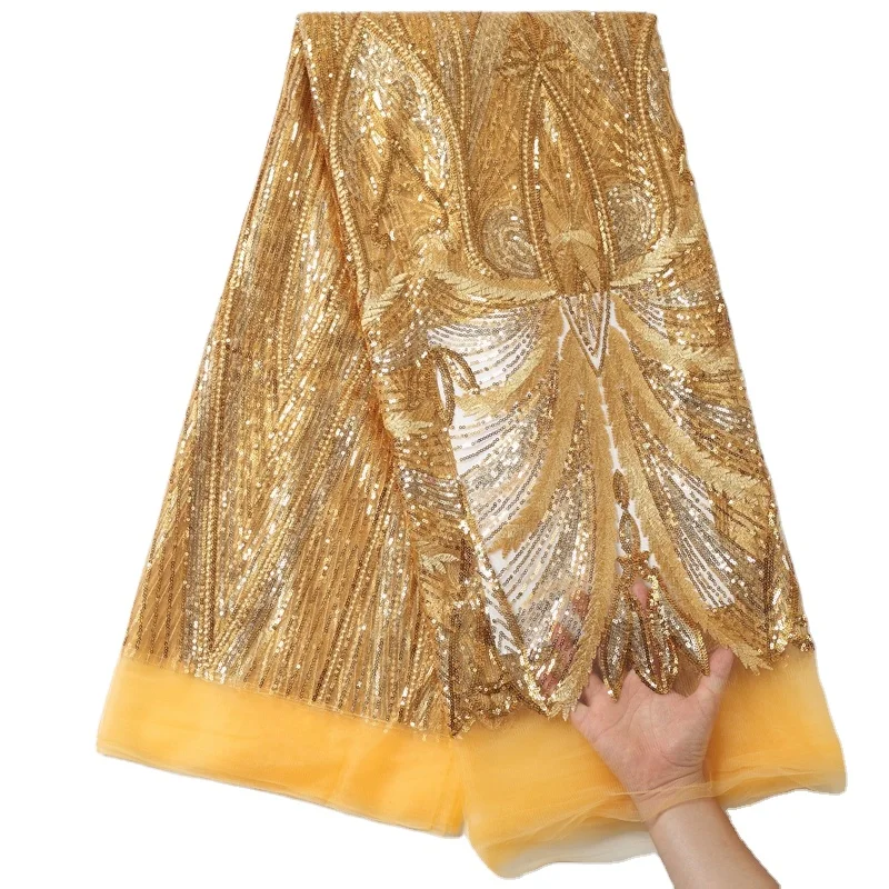 

Latest African Sequins Lace Fabrics 2021 Luxury Embroidery Gold French Lace High Class Nigerian Tulle Lace Fabric For Party 2188, As picture