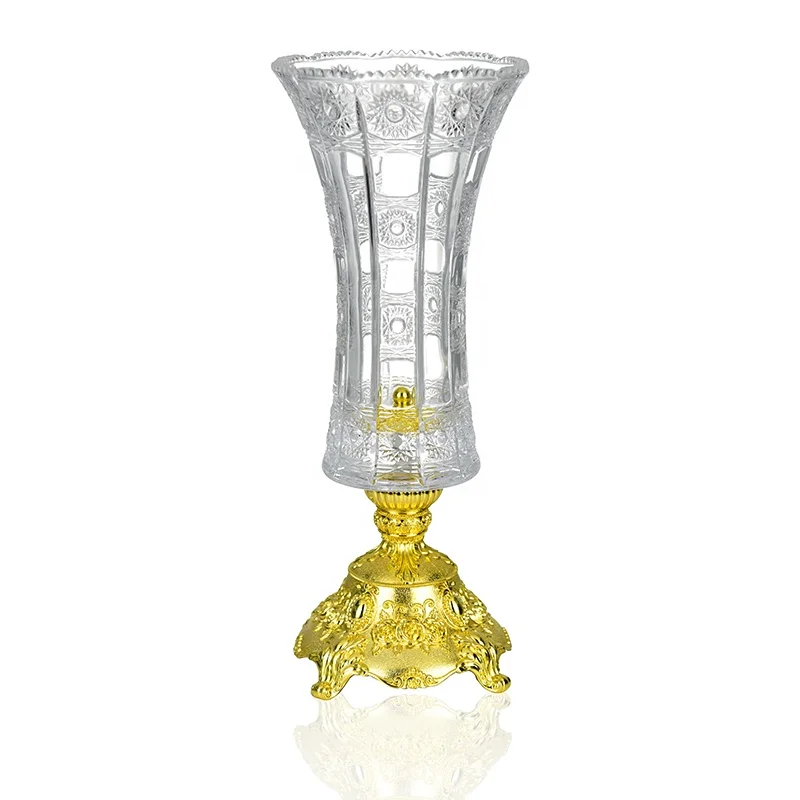 

bohemia luxurious crystal glass vase with gold metal decorative base stand footed