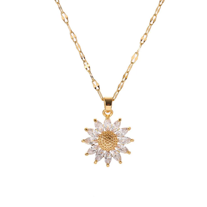 

Sunflower Crystal Pendant Necklace For Women Fashion 18k Gold Plated Stainless Steel Charm Necklace