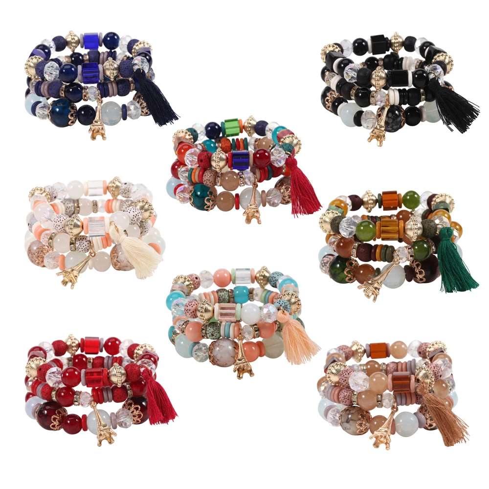 

Hot Selling Natural Stones Beaded Bracelet For Women Tassel Charm Set Wholesale Cheap Lady Jewelry Boho Bracelets, 8 colors