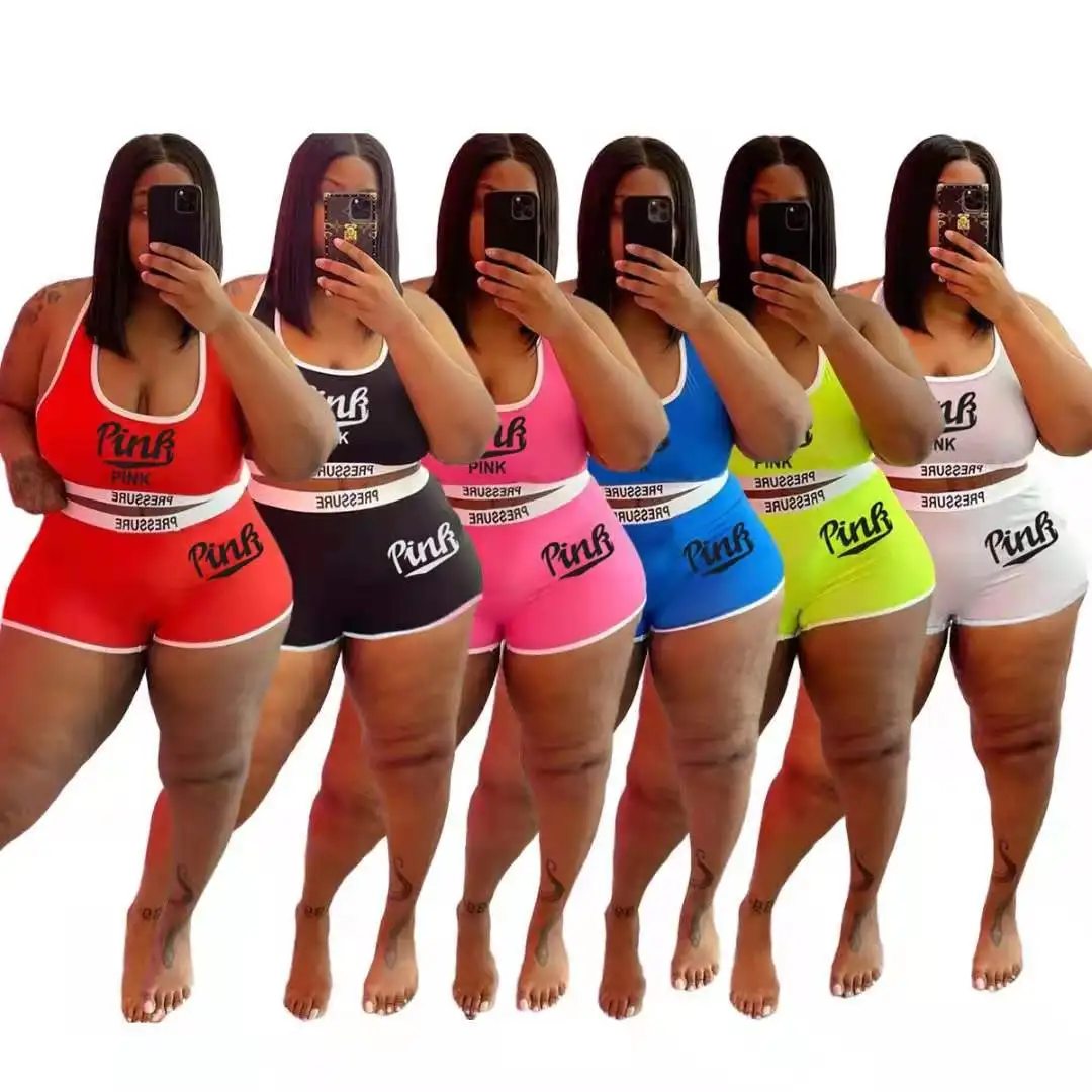 

2021 Hot Sale 5xl Plus Size Trendy Letter Print Active Wear Set Women Tank Top And Biker Shorts Set Summer Outfits, Picture