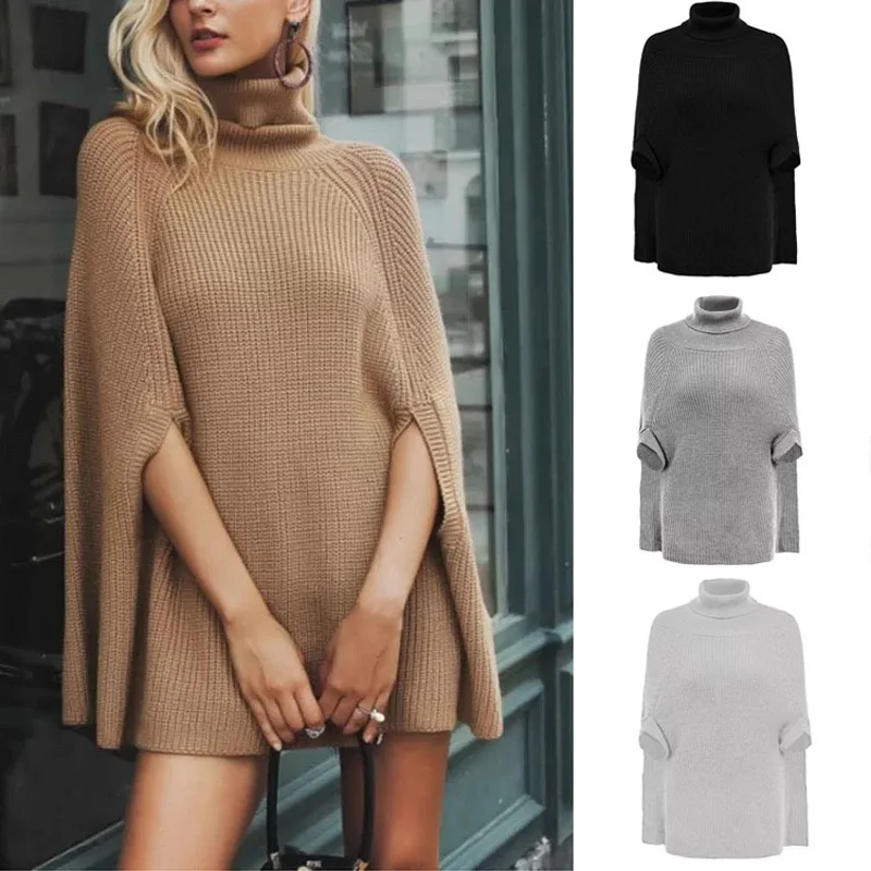 

Fashion Ladies Solid Color Winter Knit Oversized Turtleneck Women Patterns Crochet Poncho Sweater, 4 colors