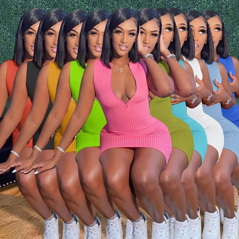 

Hot Seller Rib Knit V-Neck Zipper Women Clothes 2021 Summer Dresses Short Ladies Casual Dress, 10 colors