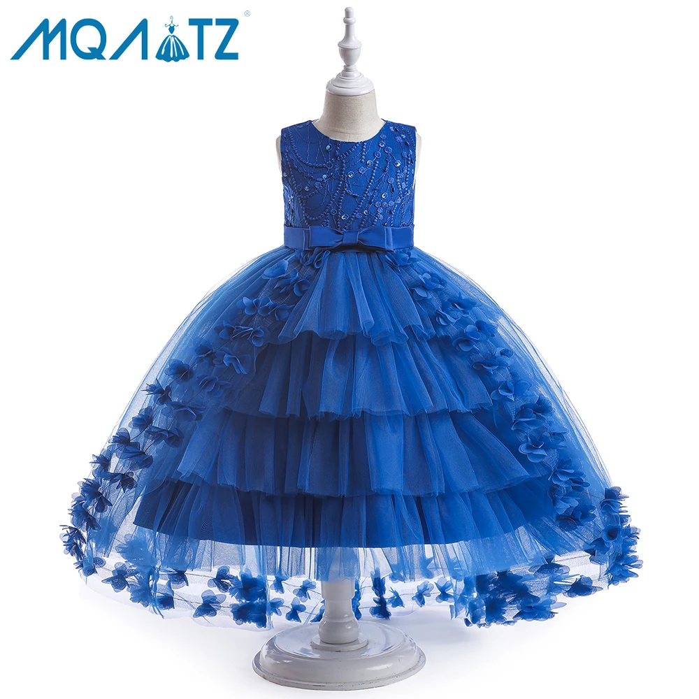 

MQATZ 2023 blue long tailing girl party dress 8 year birthday kids cake layered small bow child ball gown T5399