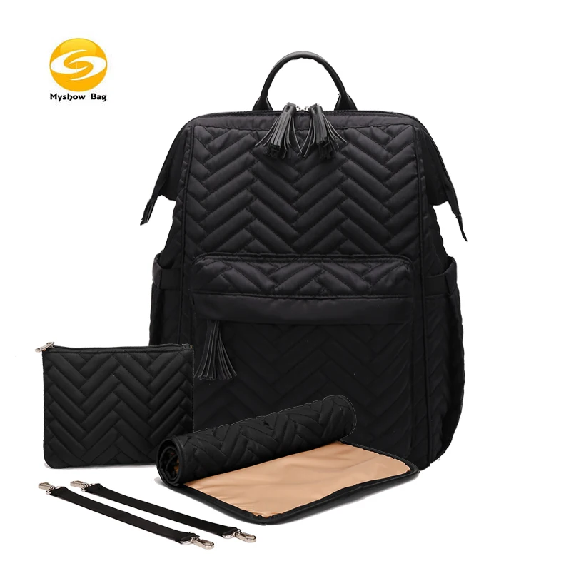 

2020 new coming diaper bag black changing bag for baby send free wipe pouch,changing pad and stroller straps,low MOQ nappy bag