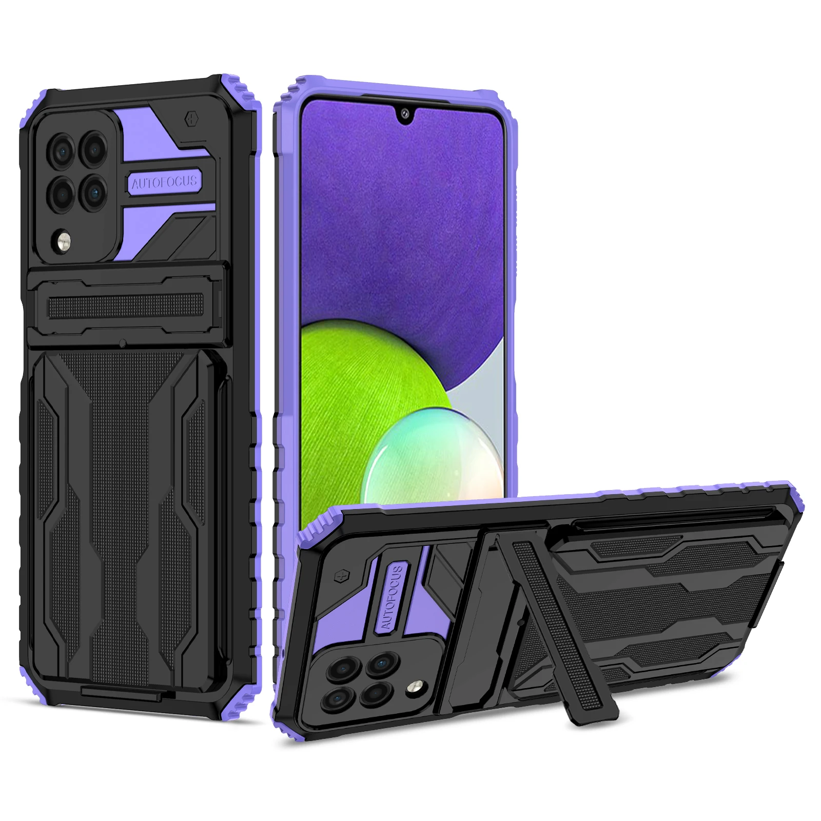 

Luxury TPU PC Hybrid Shockproof Phone Case with Detachable Card Holder and Kickstand For Samsung Galaxy A22 4G, As pictures