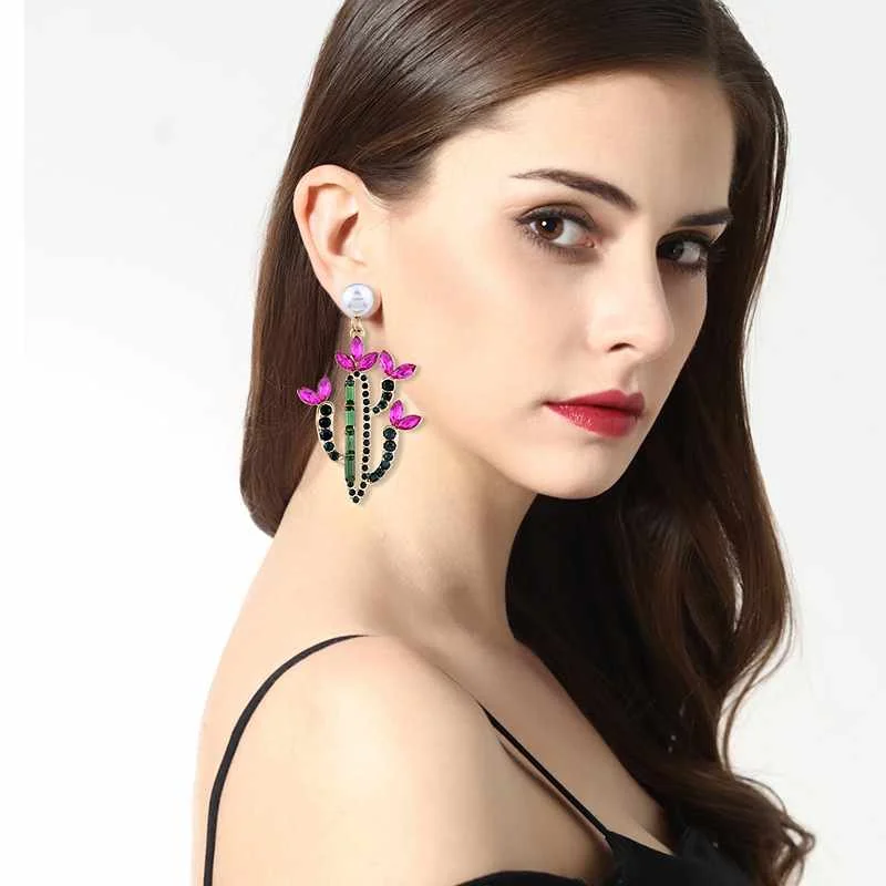 

European and American personality creative cactus alloy inlaid color rhinestone retro temperament pearl earrings