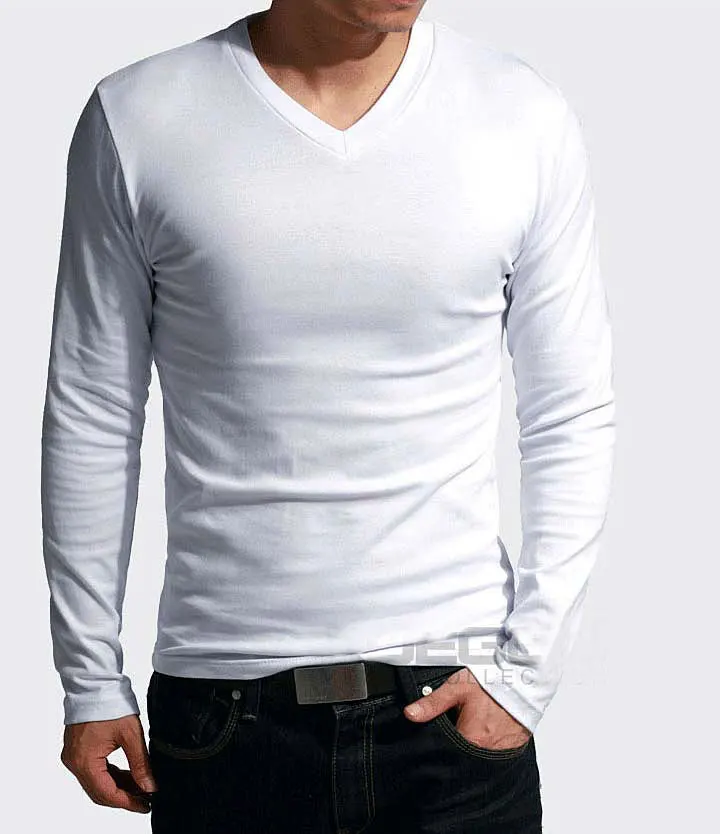 

Custom High Quality Elastic Mens T-Shirt V-Neck Long Sleeve Cotton Men T Shirts White