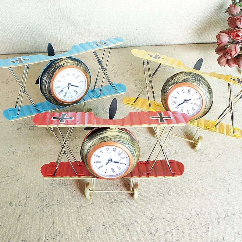 

New Fashion Home Decorationscreative Ornaments Aircraft Clock Small Aircraft Clock Metal Iron Art Model, Yellow, blue, red