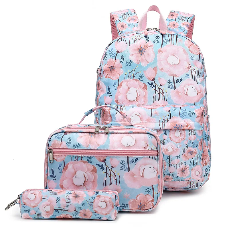 

Custom Backpack waterproof pink flower Kids School bag Backpack Lunch bags set Children travelling book bag