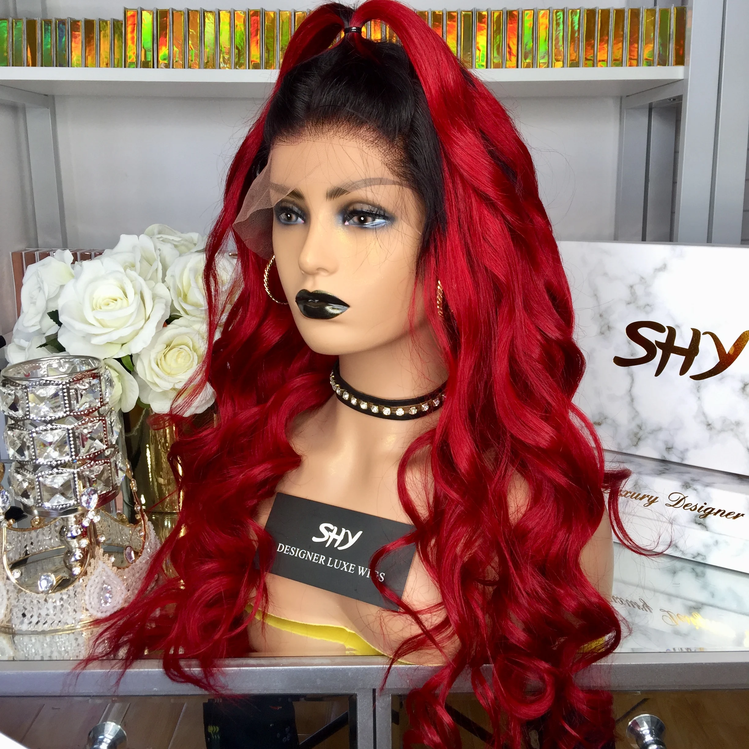 Ombre Hair Lace Front Wig Human Hair Wigs With Black Roots Body Wave Full Lace Wig Red Color 150 