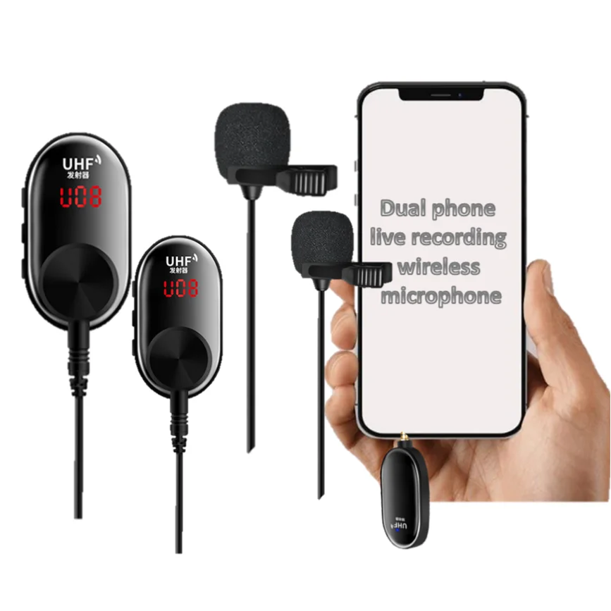 

Dual wireless microphone HOT SALE LED Mono wireless UHF smart phone recording microphone