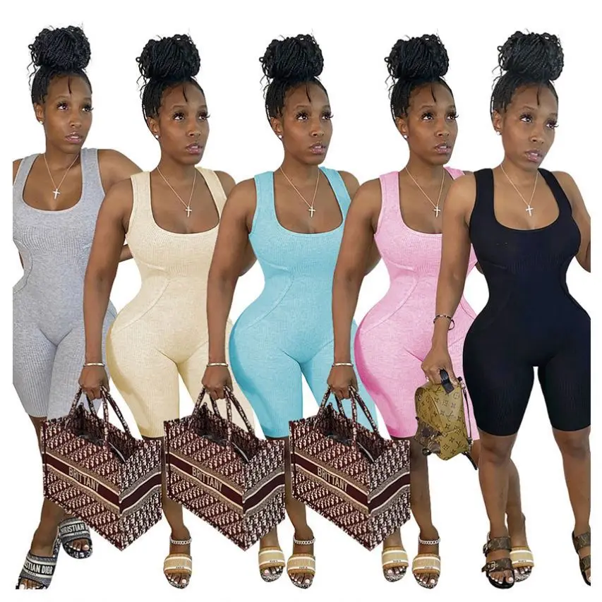 

Custom Casual Summer Fitness Solid Color Ladies Basic Bodysuits Women Jump Suit One Piece Short Jumpsuits And Rompers
