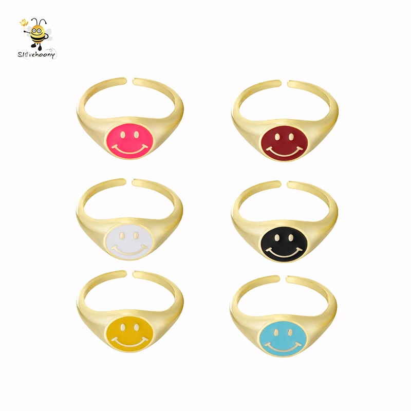 

100% 925 Sterling Silver Anillos Custom Color Enamel Happy Face Smile Finger Rings For Women Jewelry In Stock, Rose/silver/gold/clear/pink