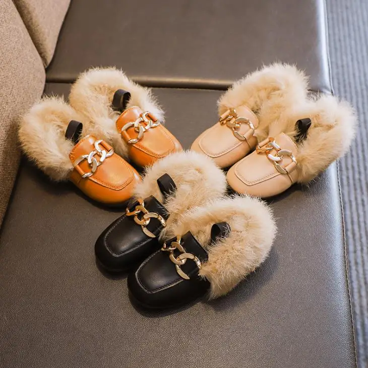 

Hot-selling winter new style children's fur shoes plus velvet flat leather shoes children loafers, 3 different color