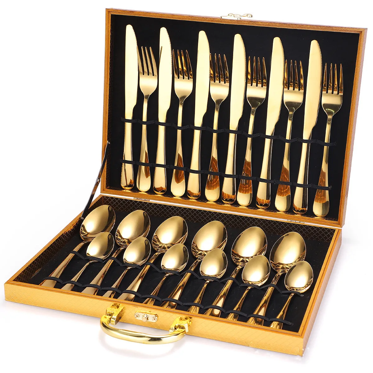 

Metal Stainless Steel Hotel 24pcs 36pcs 48pcs Cutlery Set , Gold Flatware Set 410 Stainless Steel with Wood Box