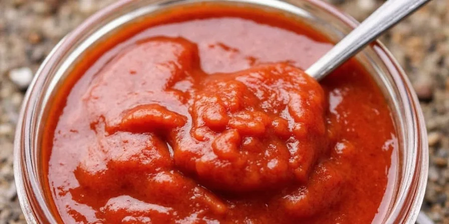 Various dishes topped with red chili sauce